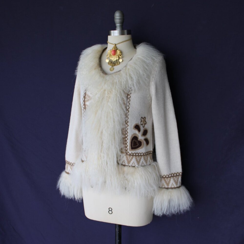 vintage Mongolian Curley lamb wool cardigan cowichan sweater jacket aplique M - Picture 2 of 12